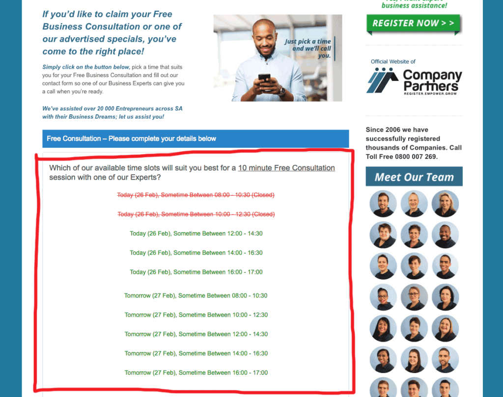 Choose a booking date with a business consultant